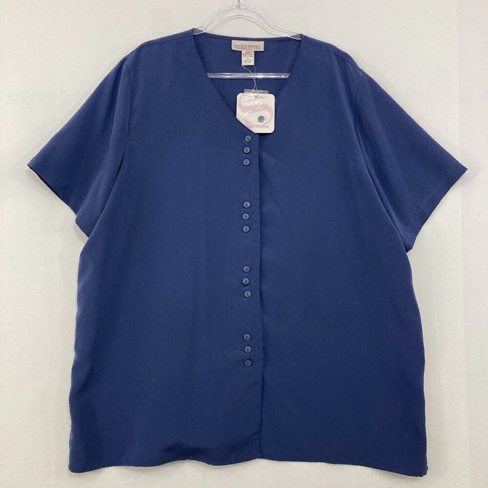 NWT Vintage Silhouettes size 3X Blue V neck Short Sleeve Button Down Preppy